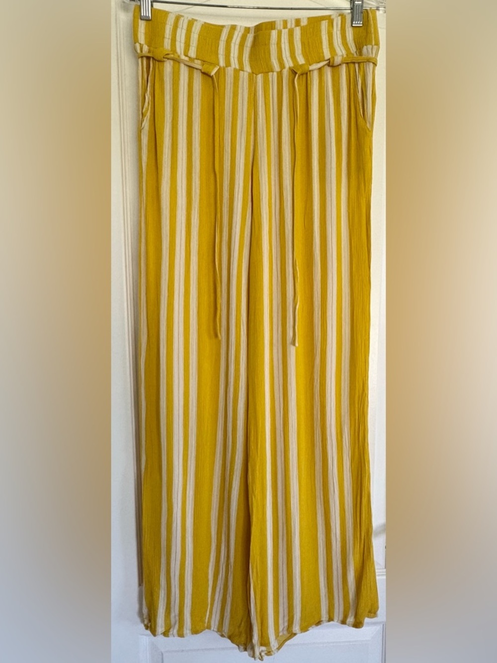 One 5 One Striped Wide Leg Pants M Yellow White Flowy Elastic Waist